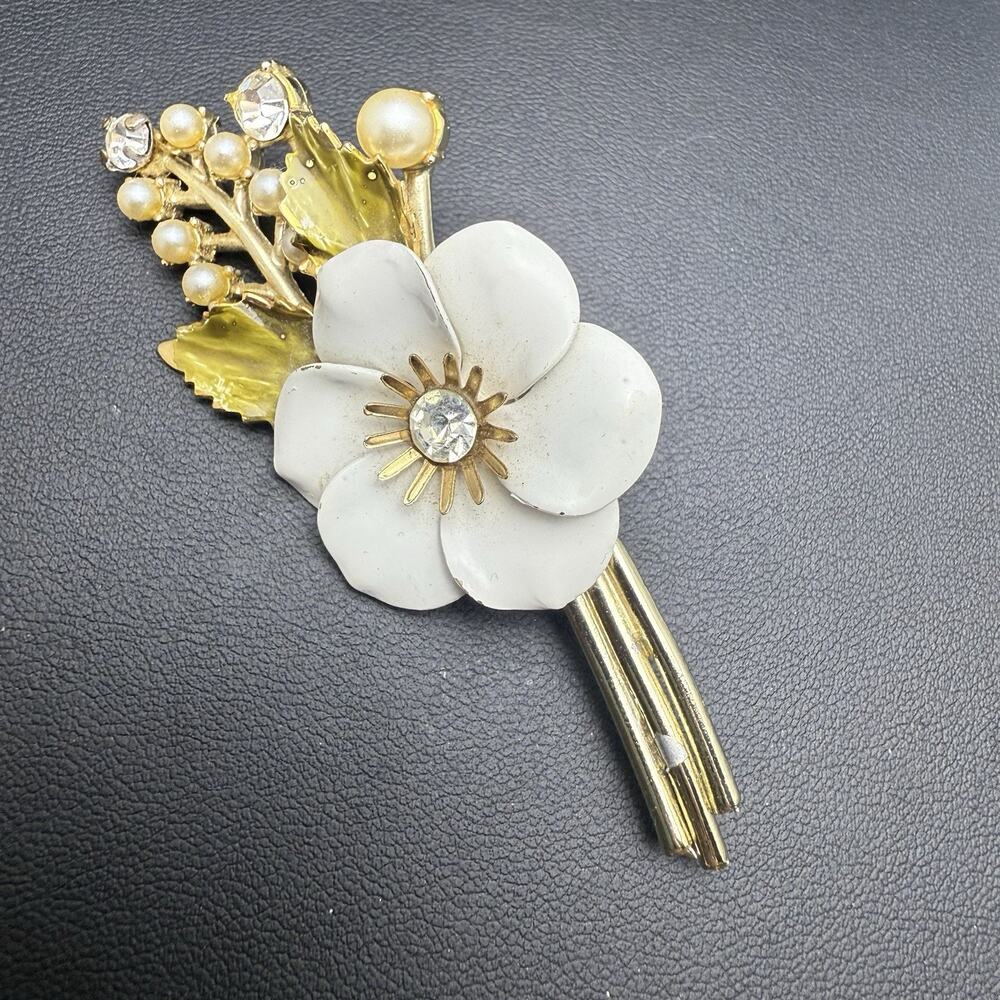 CORO Faux Pearl Brooch White Enamel Flower Pin Rhinestone 3" Vintage Signed